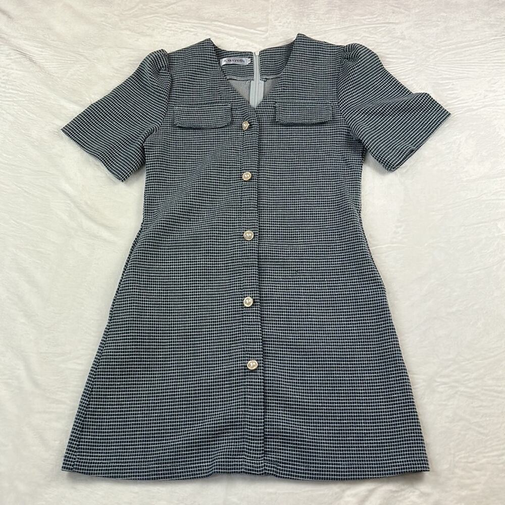 Aiyeoi or Alyeol blue mini check faux button down sheath dress, medium